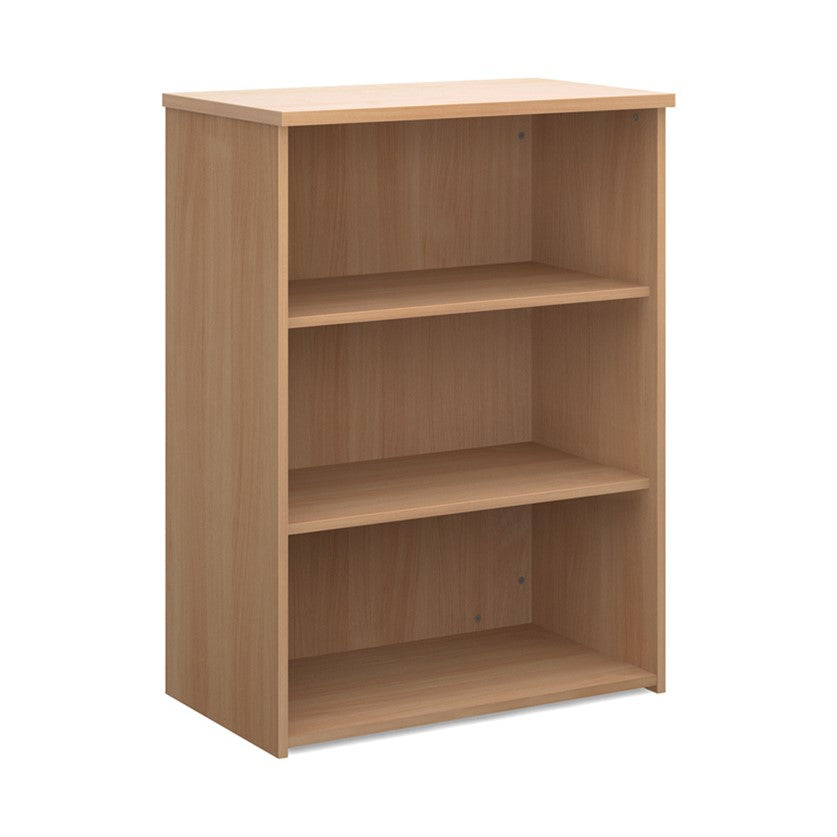 A wooden bookcase with a single opening tambour door and two shelves, made from beech wood.
