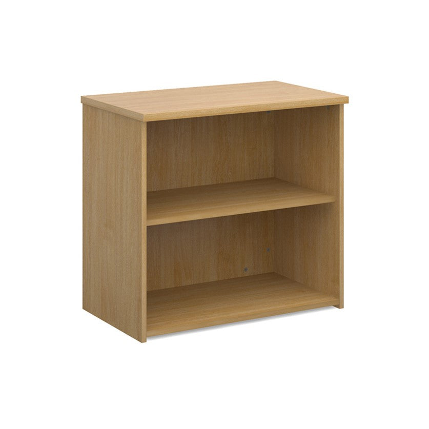 A wooden bookcase with a single opening tambour door and two shelves, made from oak effect wood.