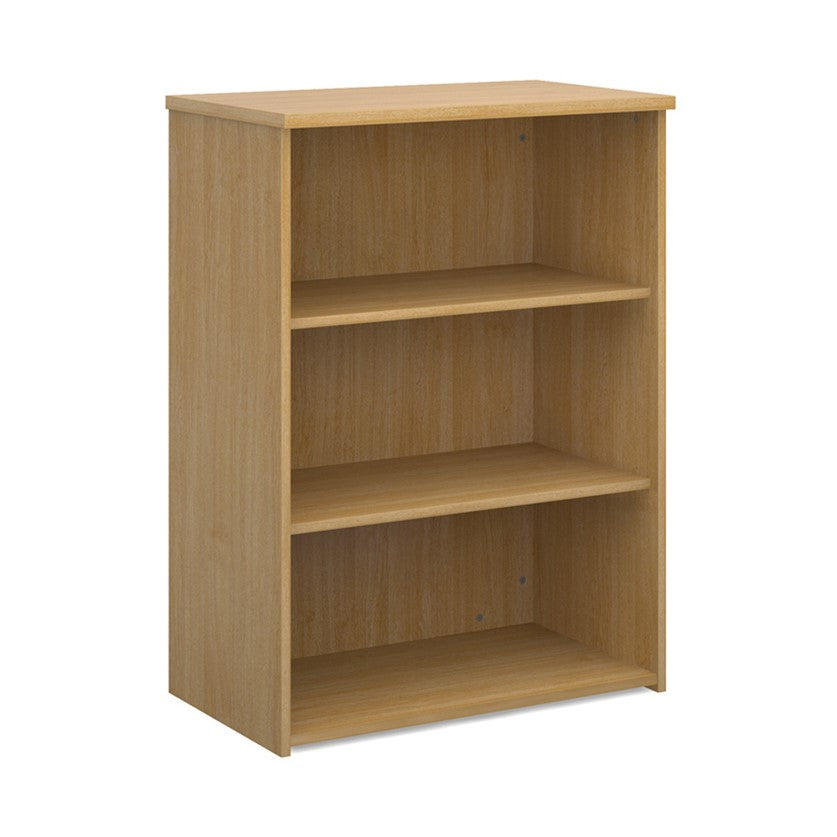 A wooden bookcase with a single opening tambour door and two shelves, made with oak finish. 
