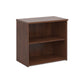 A wooden bookcase with a single opening tambour door and two shelves, made with walnut finish. 