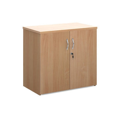 A wooden cupboard with beech finish, featuring a pair of lockable doors with silver handles and a solid back panel.
