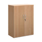 A wooden cupboard with beech finish, featuring a pair of lockable doors with silver handles and a solid back panel.