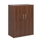A wooden cupboard with walnut finish, featuring a pair of lockable doors with silver handles and a solid back panel.