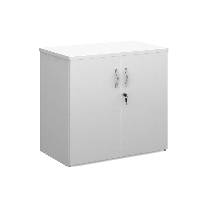 A wooden cupboard with white finish, featuring a pair of lockable doors with silver handles and a solid back panel.