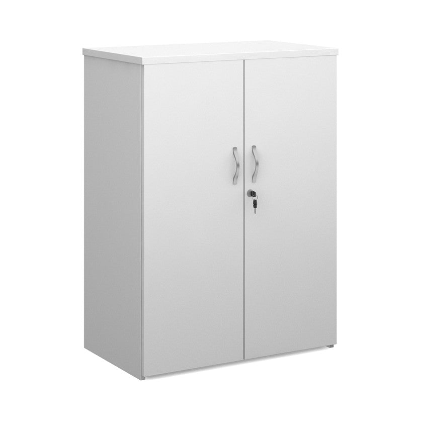A wooden cupboard with white finish, featuring a pair of lockable doors with silver handles and a solid back panel.