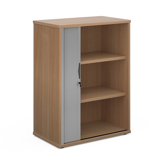 A wooden tambour storage cabinet with a silver tambour door and shelves, set against a white background.