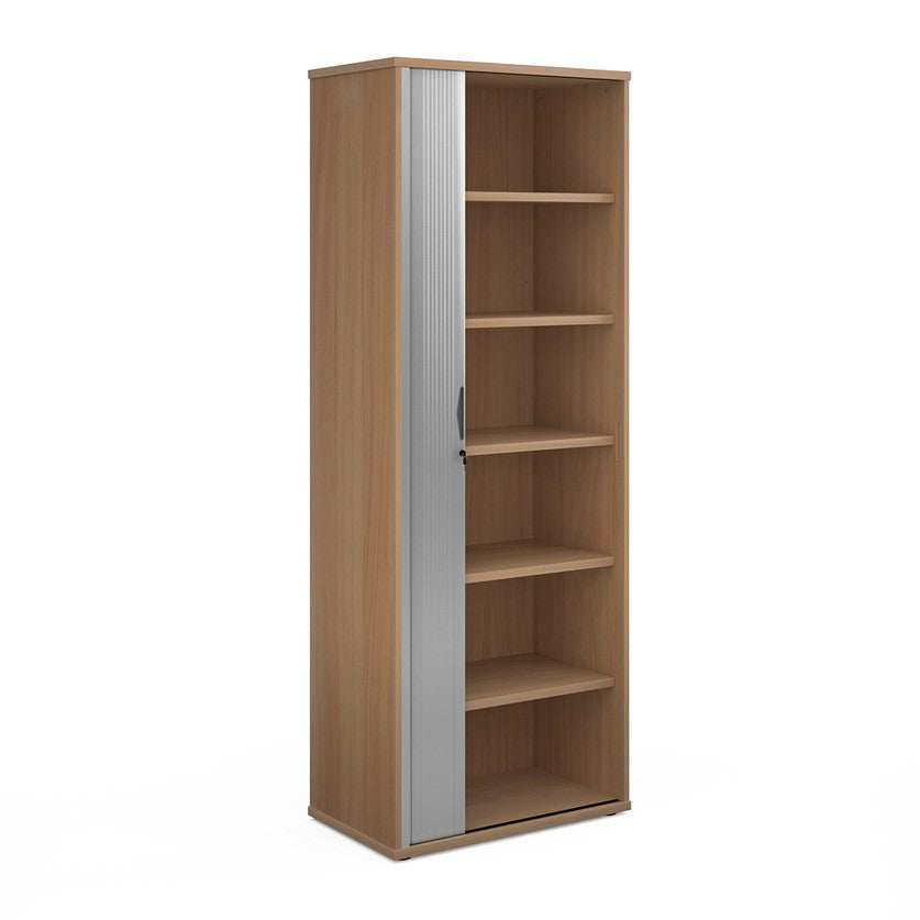 A wooden tambour storage cabinet with a silver tambour door and shelves, set against a white background.