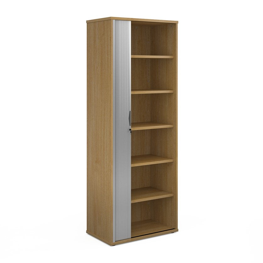 A wooden tambour storage cabinet with a silver tambour door and shelves, set against a white background.