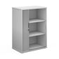 A wooden tambour storage cabinet with a silver tambour door and shelves, set against a white background.