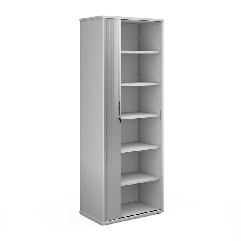 A wooden tambour storage cabinet with a silver tambour door and shelves, set against a white background.