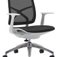 Black office chair with mesh backrest and white frame on a white background