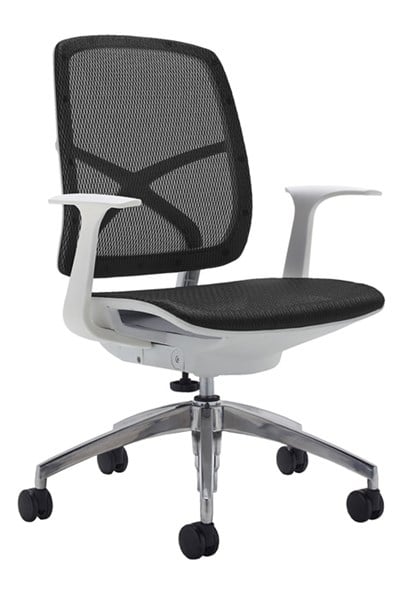 Black office chair with mesh backrest and white frame on a white background