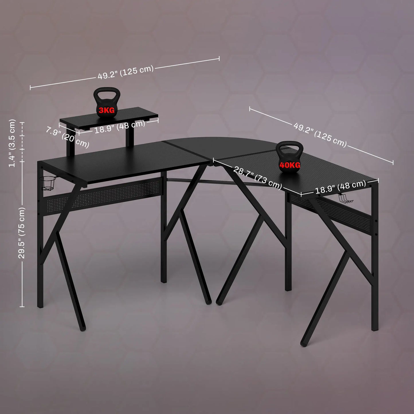 Gaming Desk L-Shaped Corner Computer Table with Adjustable Monitor Stand, Black