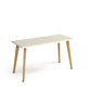 Rectangular table with white top and light wood legs on a white background