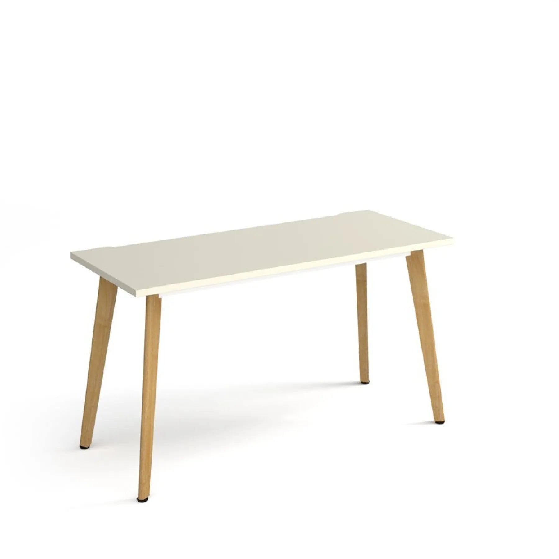 Rectangular table with white top and light wood legs on a white background