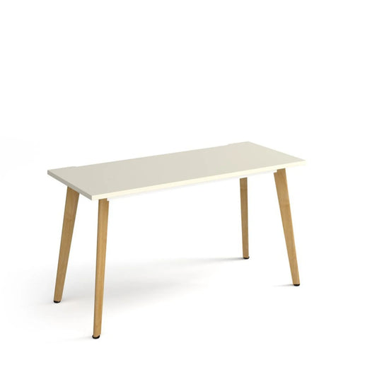 Rectangular table with white top and light wood legs on a white background