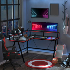 L Shaped Gaming Desk, Corner Desk with Monitor Stand, Black and Red