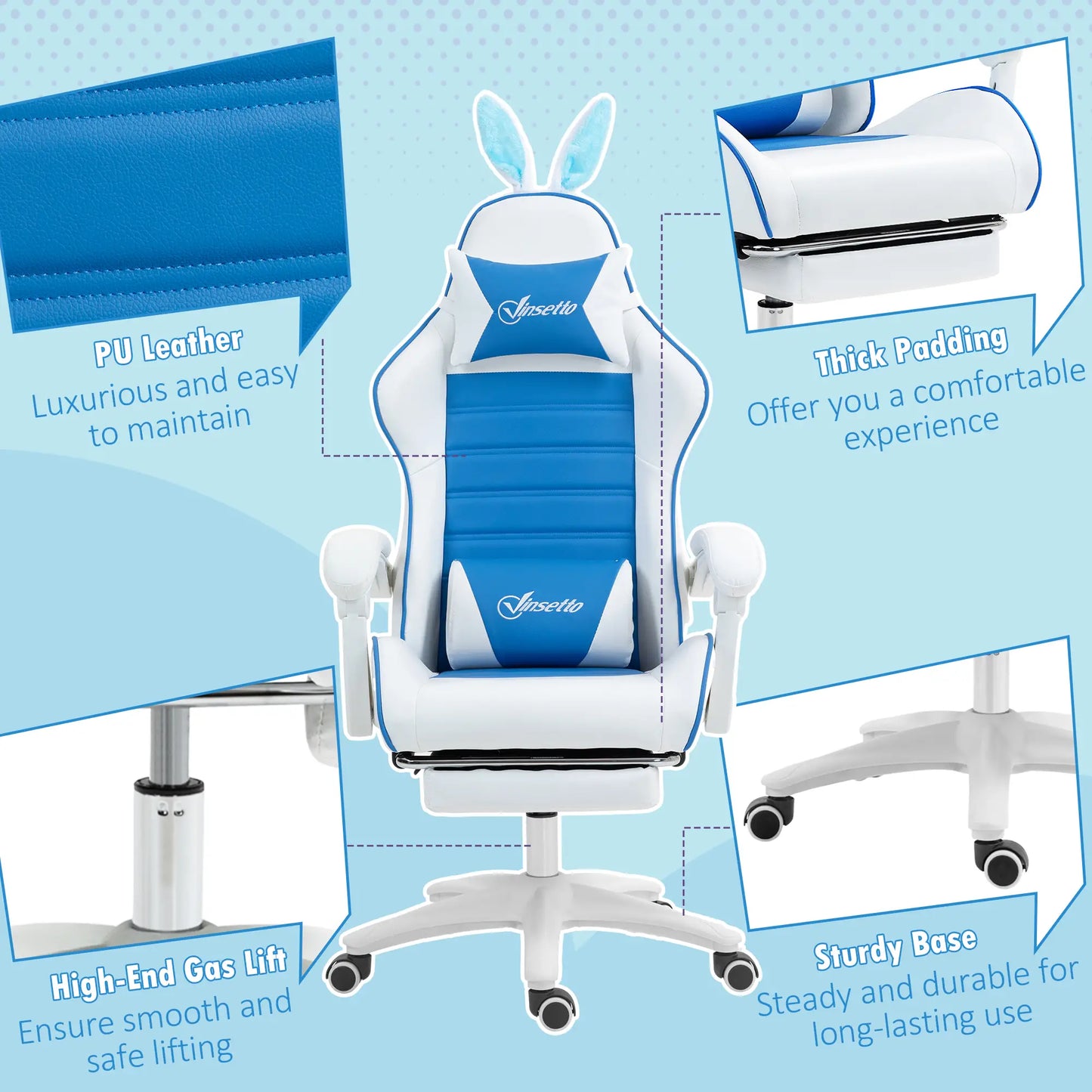 Racing Gaming Chair with Removable Rabbit Ears, Yellow