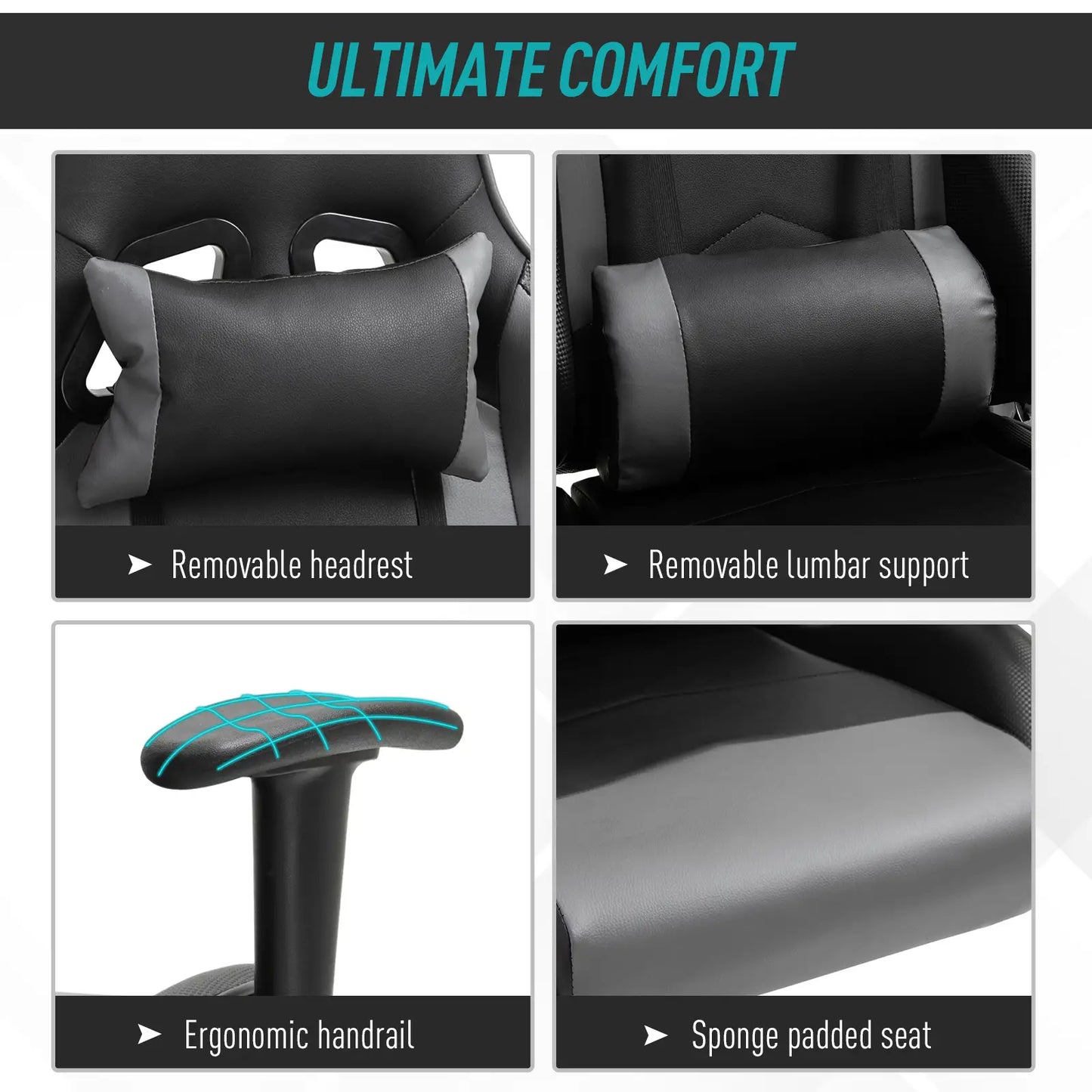 Gaming Chair, Racing Chair, Head Pillow and Lumbar Support, Black
