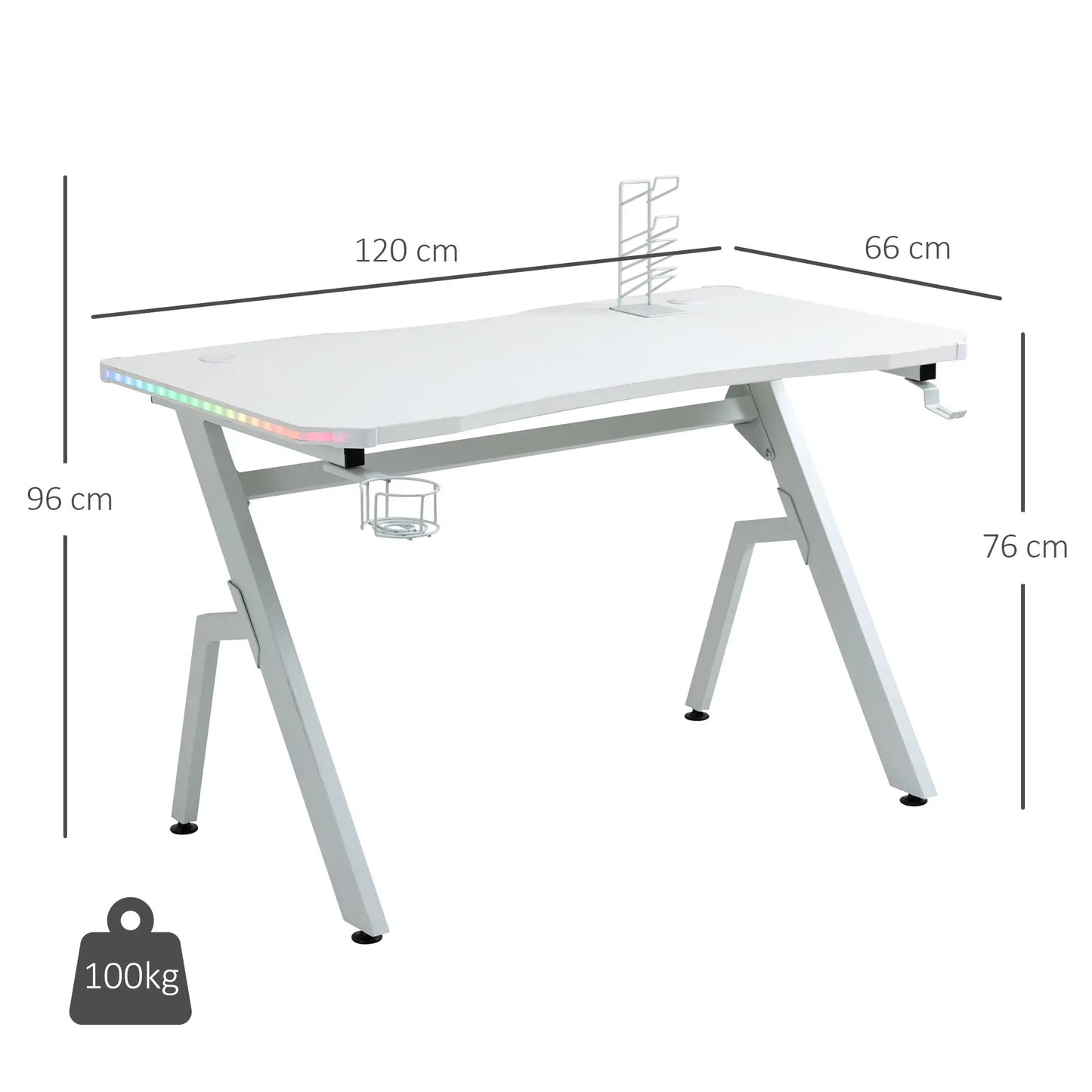Gaming Desk with Headphone Hook, Cup Holder, Controller Rack, White