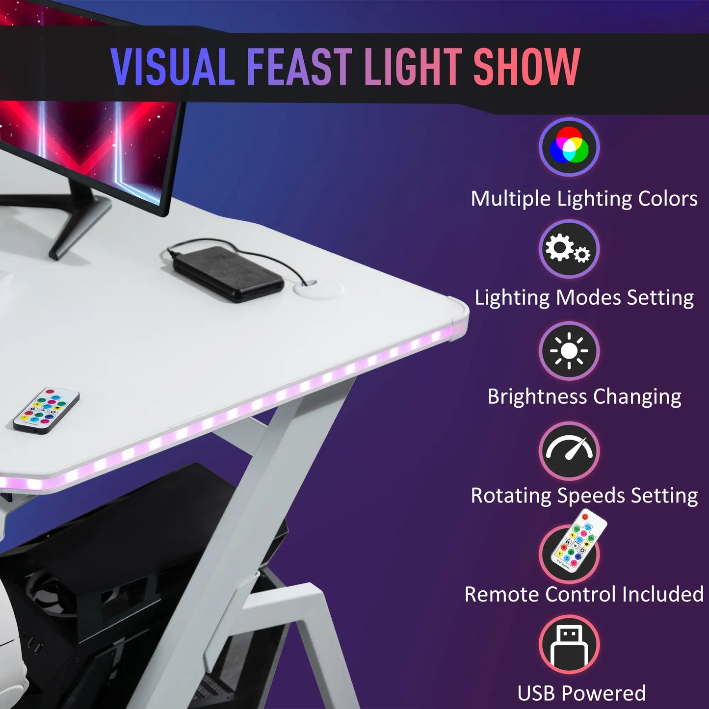 Gaming Desk with Headphone Hook, Cup Holder, Controller Rack, White