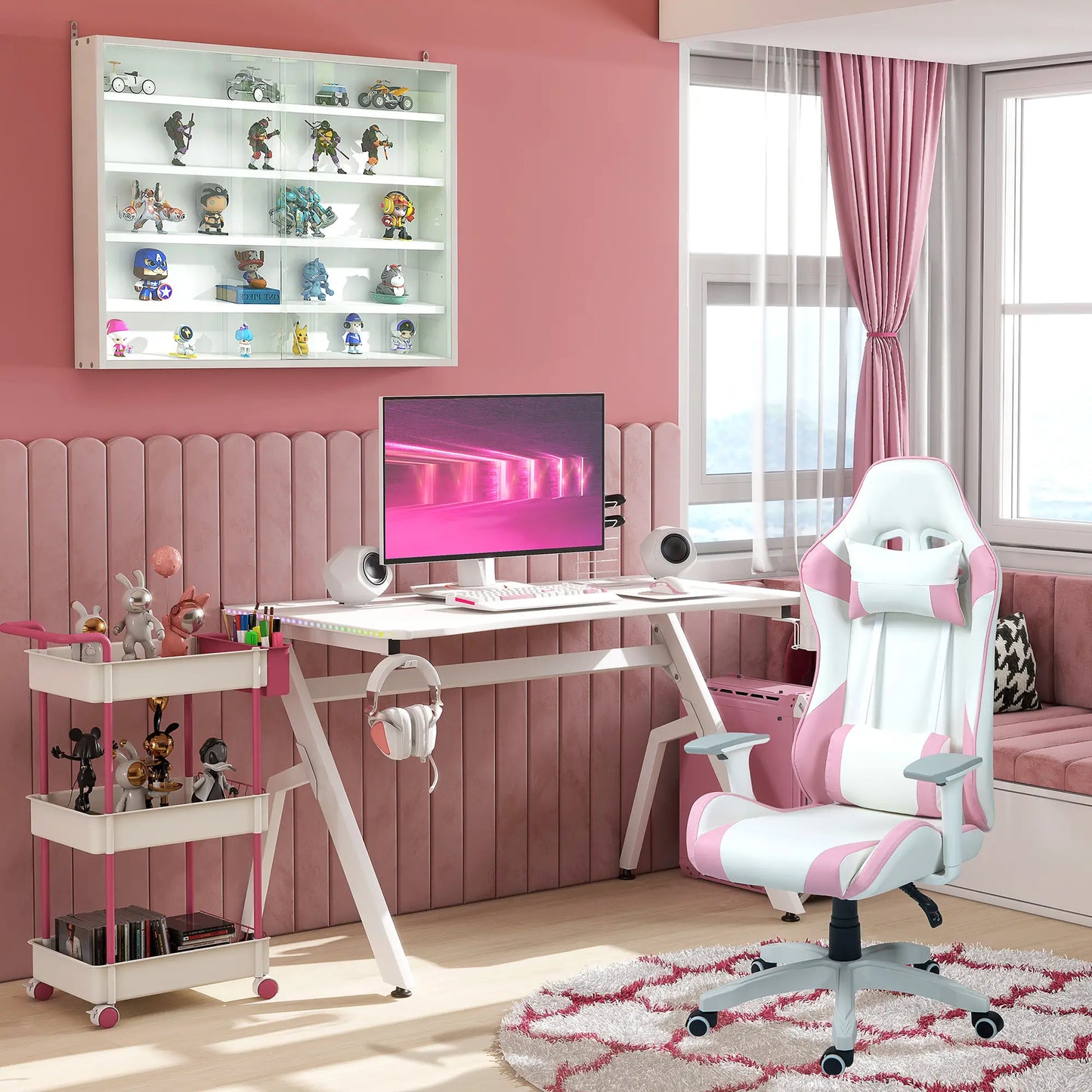Gaming Desk with Headphone Hook, Cup Holder, Controller Rack, White