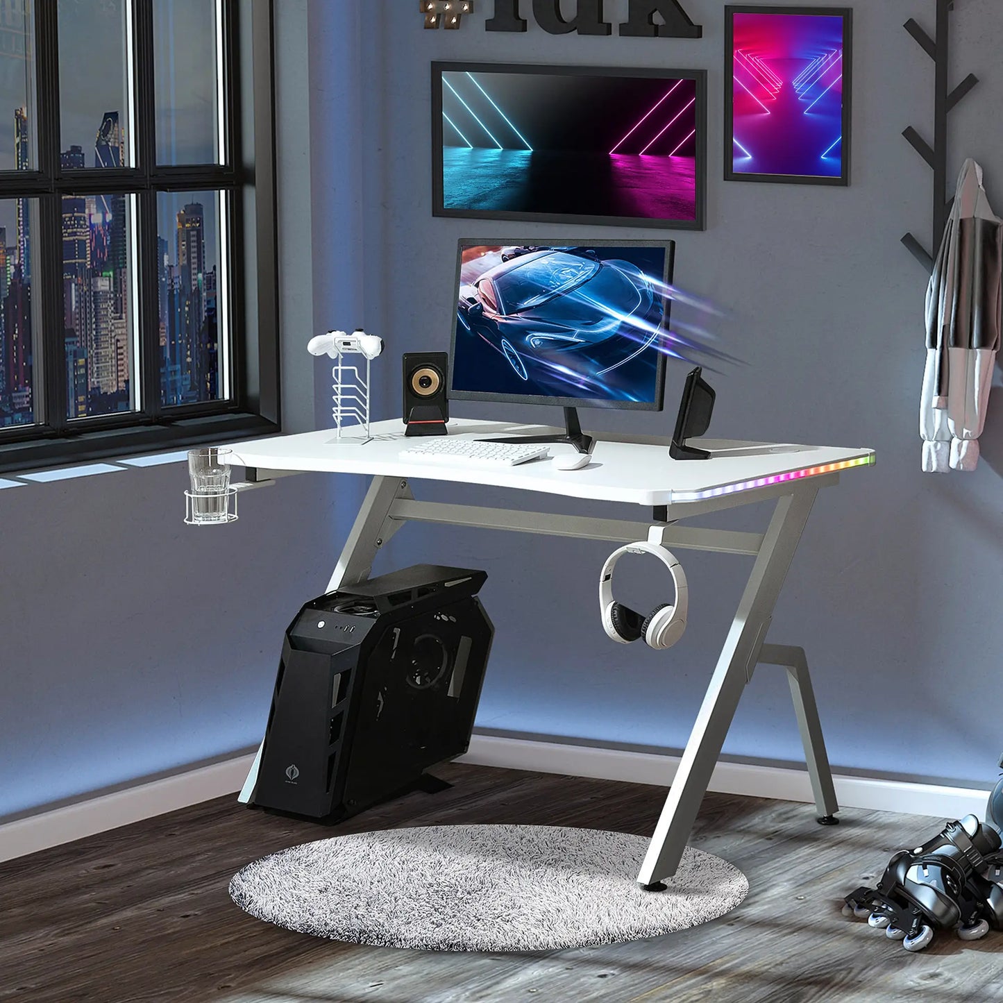 Gaming Desk with Headphone Hook, Cup Holder, Controller Rack, White