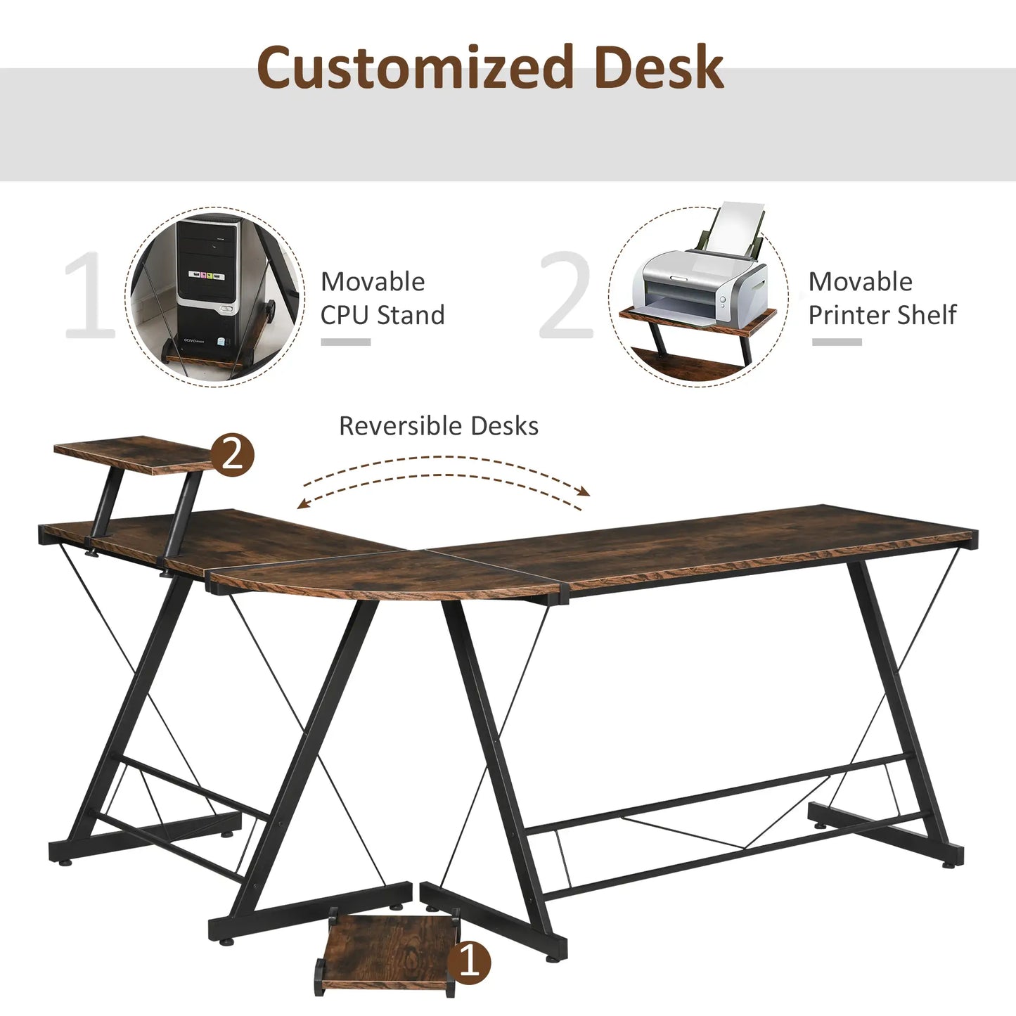 L Shaped Corner Desk with Monitor Stand and CPU Stand, Rustic Brown and Black